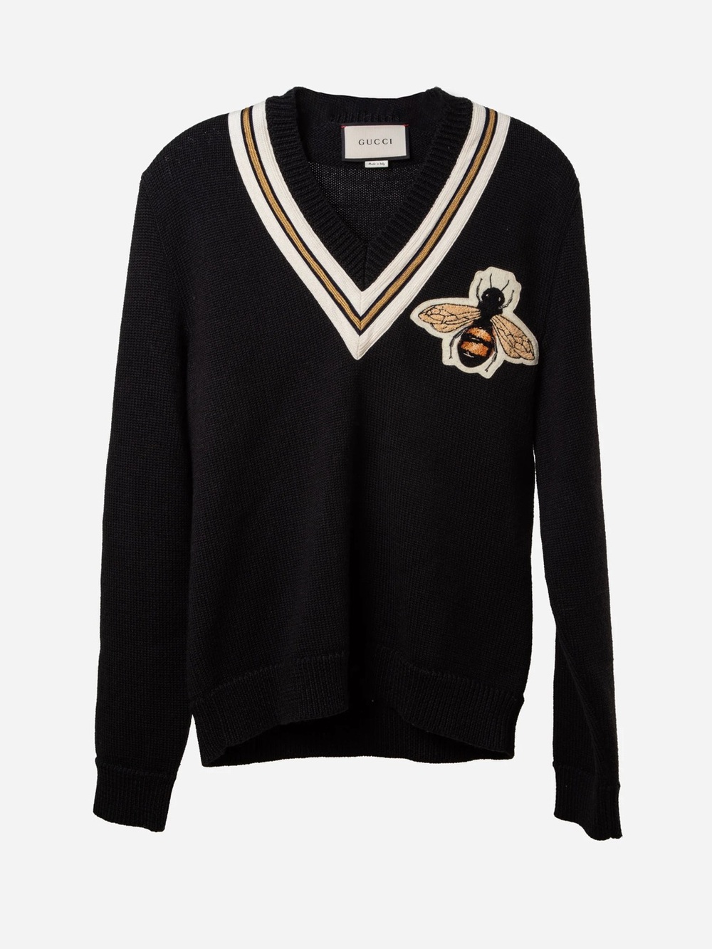 Gucci Black Wool Bee Applique Striped V-Neck Sweater Size XS
